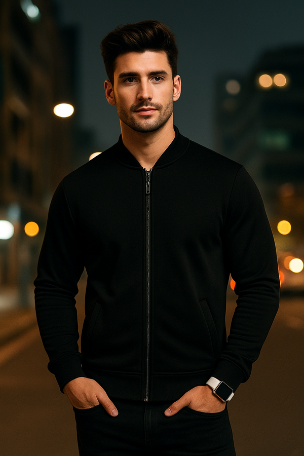 Sleek Solid Black Zip-Up Bomber