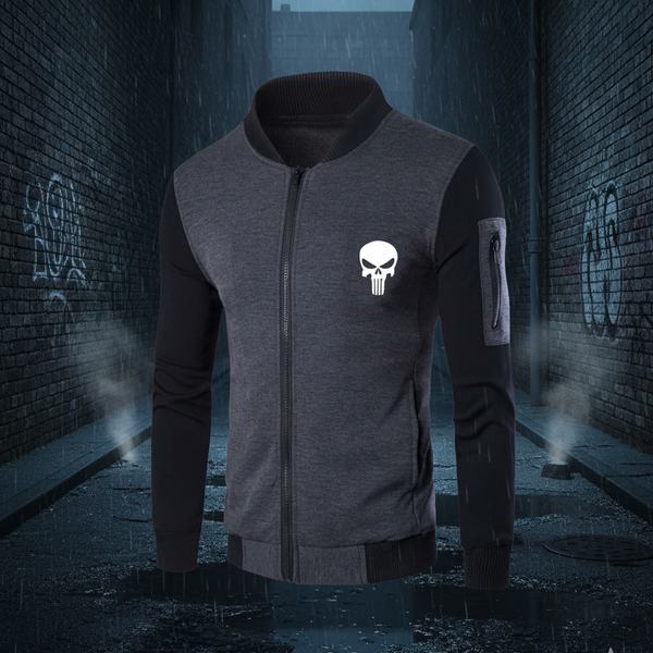 Two-Tone Bomber Jacket with Skull Insignia